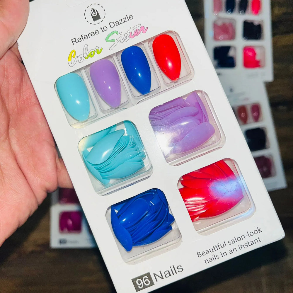 Color Sister Salon Look Artifical Nails With Free Stickers (96Pcs 4 Color Sister