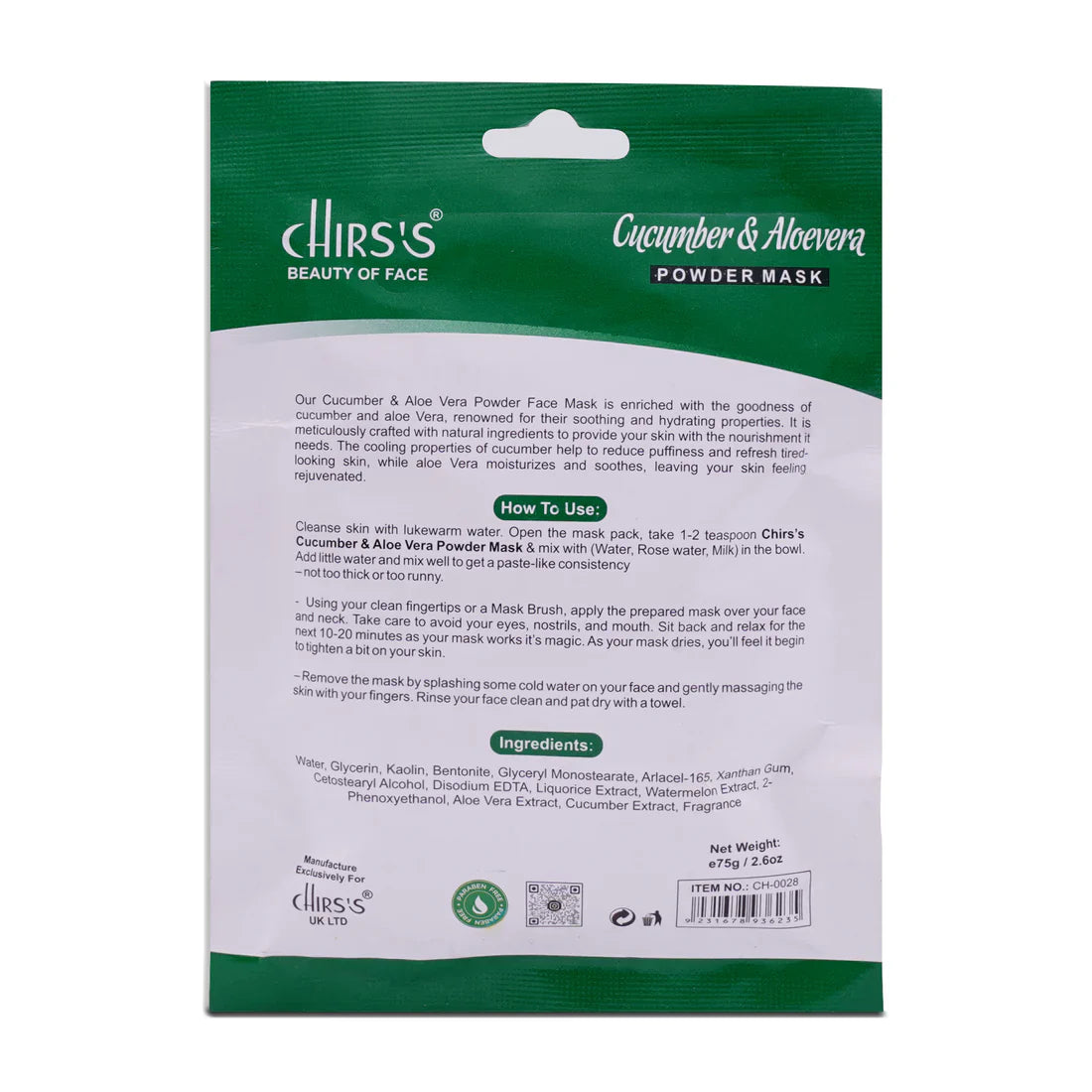 Chirs Cucumber & Aloevera Powder Mask - 75g Chirs's