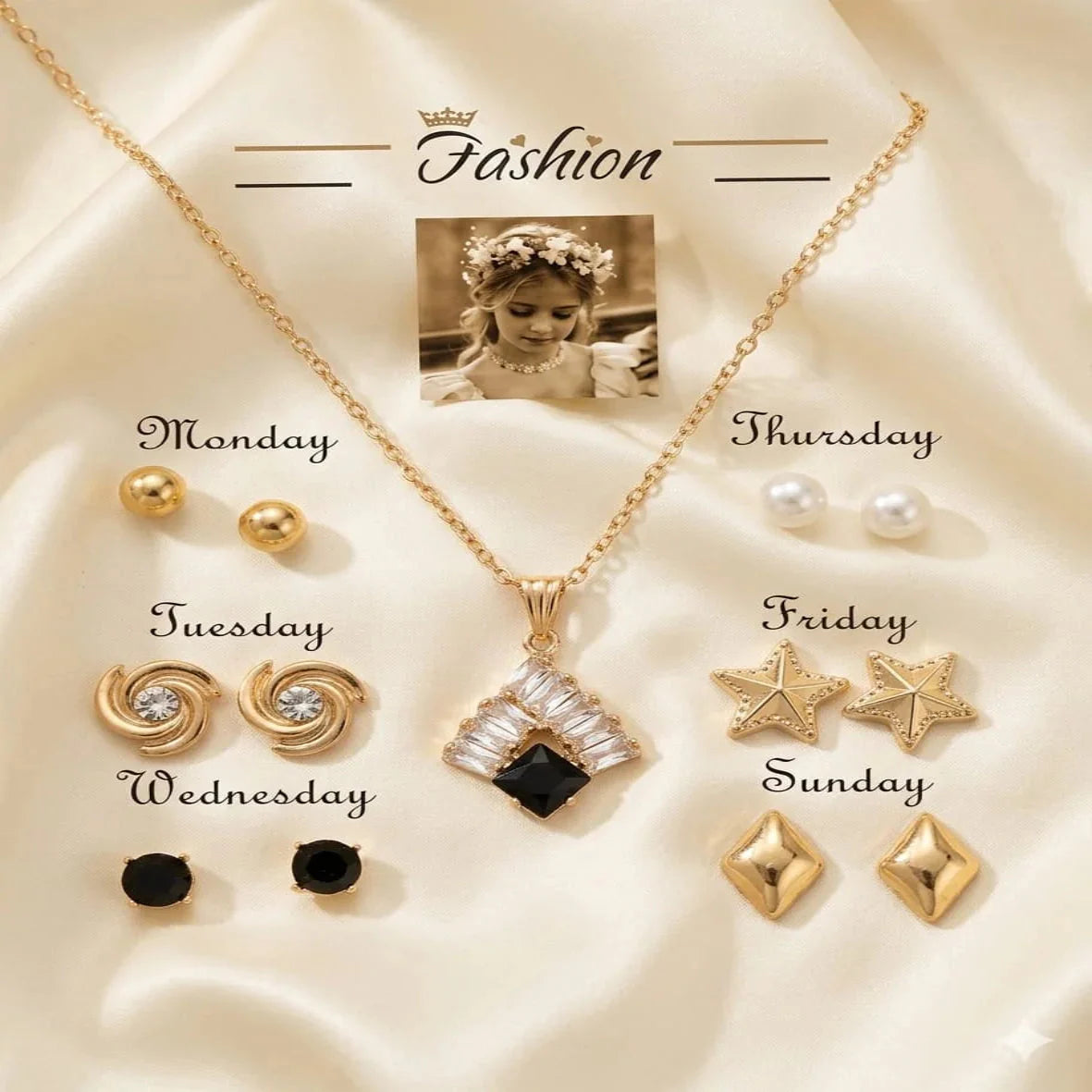 Seven Days of the Week jewelry gift set with necklace and matching Fashion