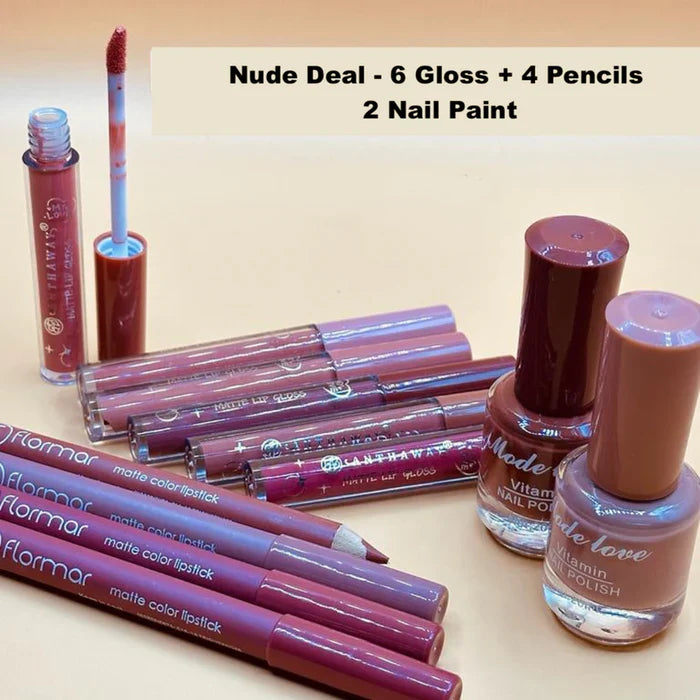 Nude Essentials Makeup Bundle – 6 Glosses, 4 Pencils, 2 Nail Polishes Cosmia.pk
