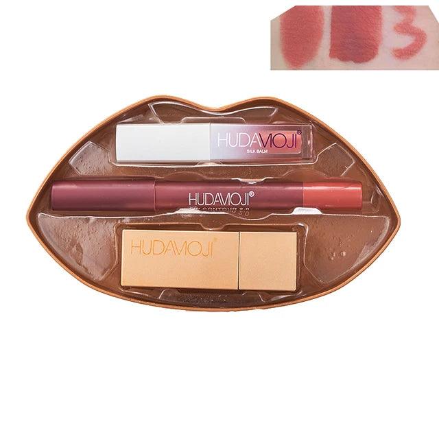 3 in 1 Hudamoji Set Velvet Matte Lipstick , Waterproof Lip Pencil & Lip Gloss Set Huda Moji