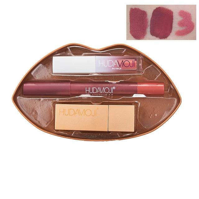 3 in 1 Hudamoji Set Velvet Matte Lipstick , Waterproof Lip Pencil & Lip Gloss Set Huda Moji