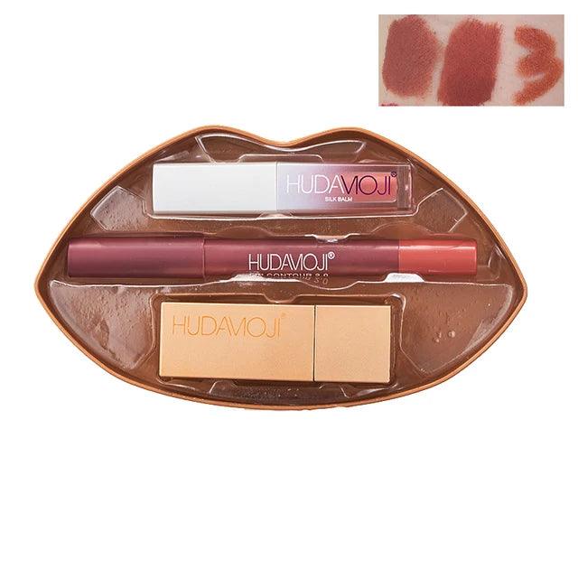 3 in 1 Hudamoji Set Velvet Matte Lipstick , Waterproof Lip Pencil & Lip Gloss Set Huda Moji