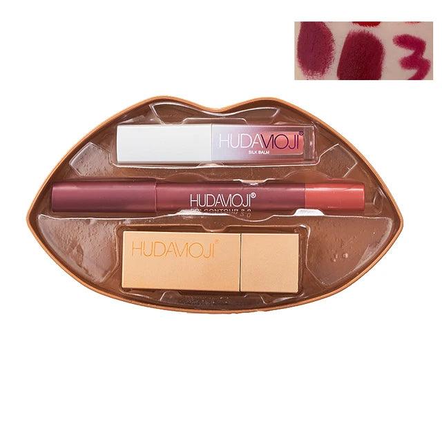 3 in 1 Hudamoji Set Velvet Matte Lipstick , Waterproof Lip Pencil & Lip Gloss Set Huda Moji
