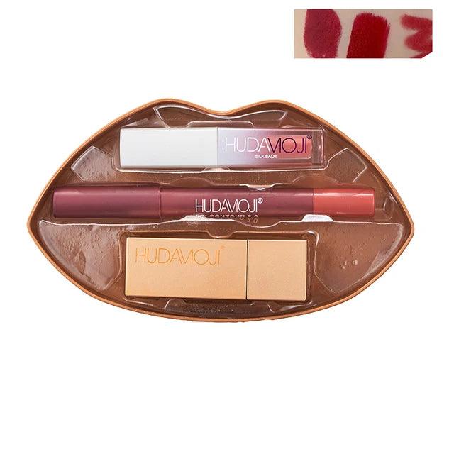 3 in 1 Hudamoji Set Velvet Matte Lipstick , Waterproof Lip Pencil & Lip Gloss Set Huda Moji