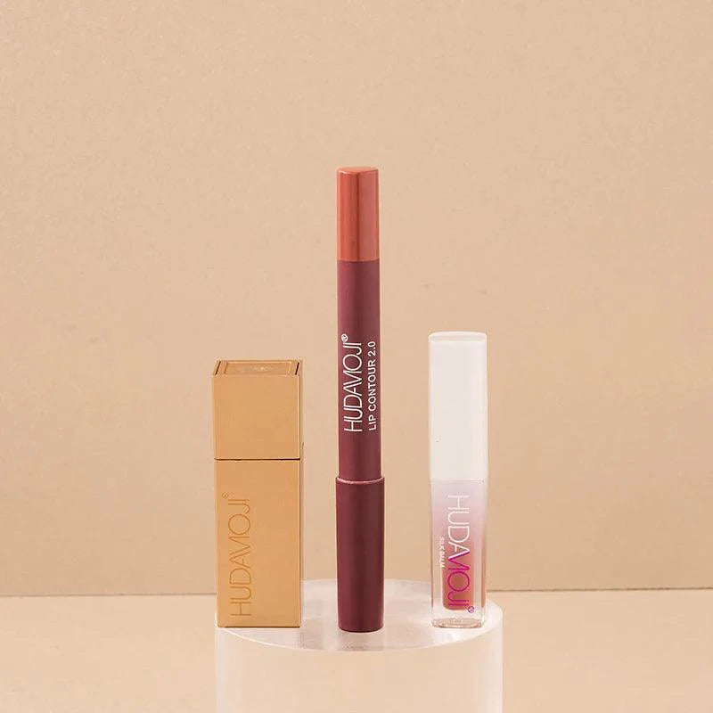 3 in 1 Hudamoji Set Velvet Matte Lipstick , Waterproof Lip Pencil & Lip Gloss Set Huda Moji