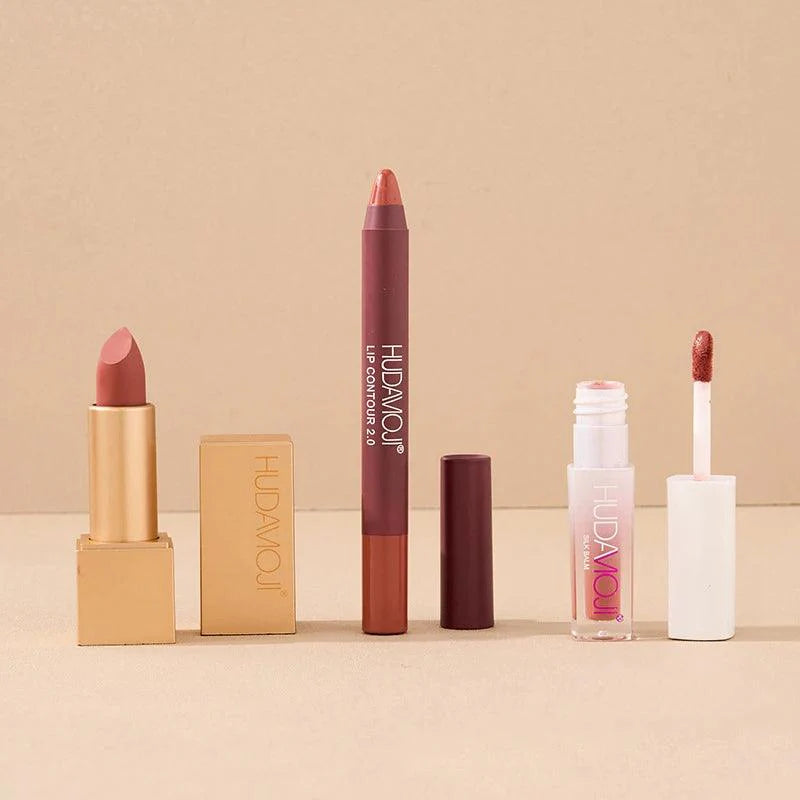 3 in 1 Hudamoji Set Velvet Matte Lipstick , Waterproof Lip Pencil & Lip Gloss Set Huda Moji