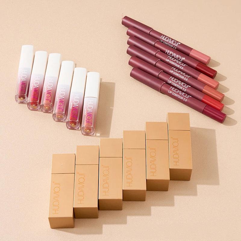 3 in 1 Hudamoji Set Velvet Matte Lipstick , Waterproof Lip Pencil & Lip Gloss Set Huda Moji
