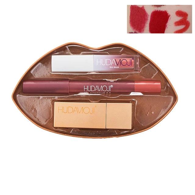 3 in 1 Hudamoji Set Velvet Matte Lipstick , Waterproof Lip Pencil & Lip Gloss Set Huda Moji
