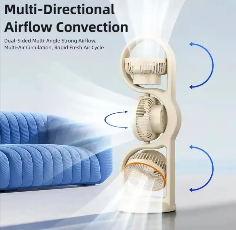 360° Circulation Three Head Table Fan - Rechargeable 5 Speed Wind Cosmia.pk