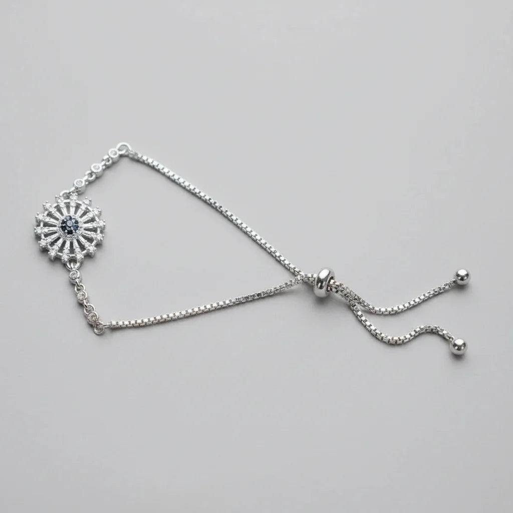 Silver Sunburst Evil Eye Bolo Bracelet with Black Center Stone – Cosmia.pk