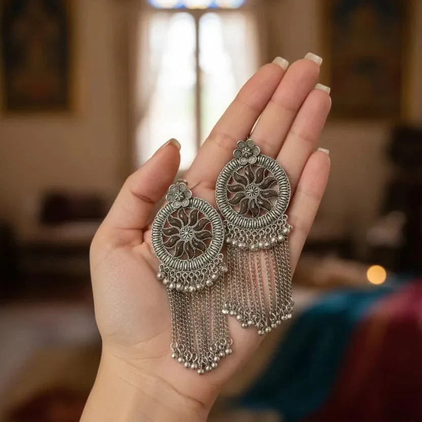 Floral Pattern Ethnic Design Oxidized Silver Jhumka Cosmia