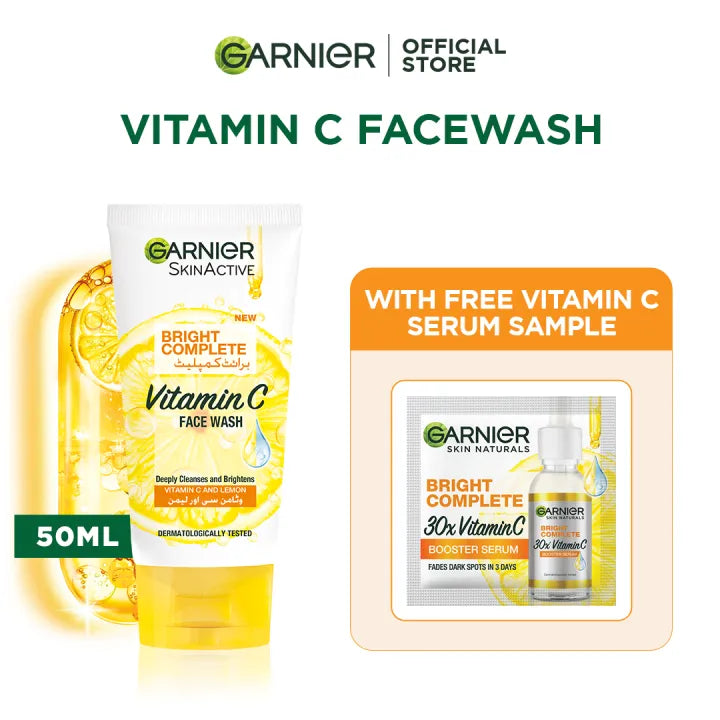 Garnier Bright Complete Vitamin C Facewash 50ml + Free Vitamin C Serum Sample Garnier