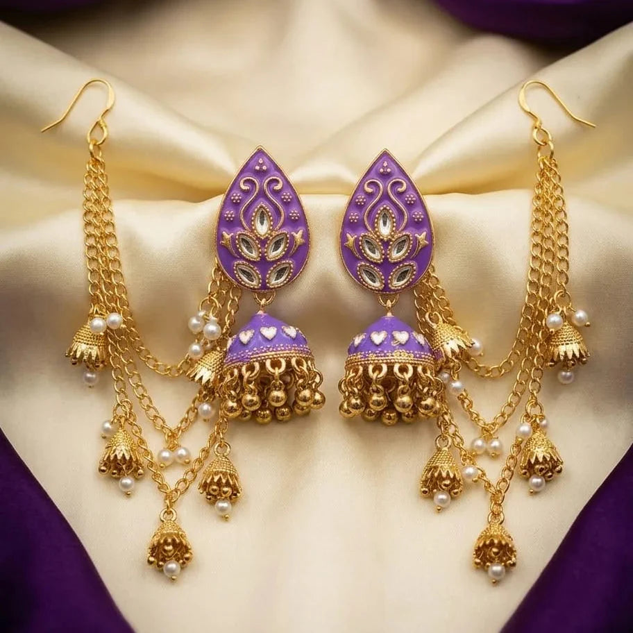 Jhumka earrings with Kundan stones and Sahary Cosmia.pk