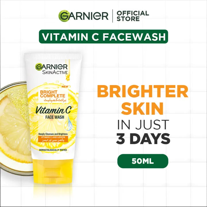 Garnier Skin Active Bright Complete Vitamin C Face Wash, 50ml - Cleanse, Remove Impurities, And Brightens Your Skin Garnier