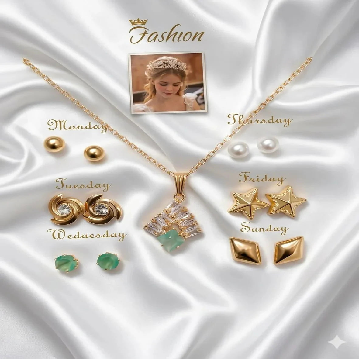 Seven Days of the Week jewelry gift set with necklace and matching Fashion