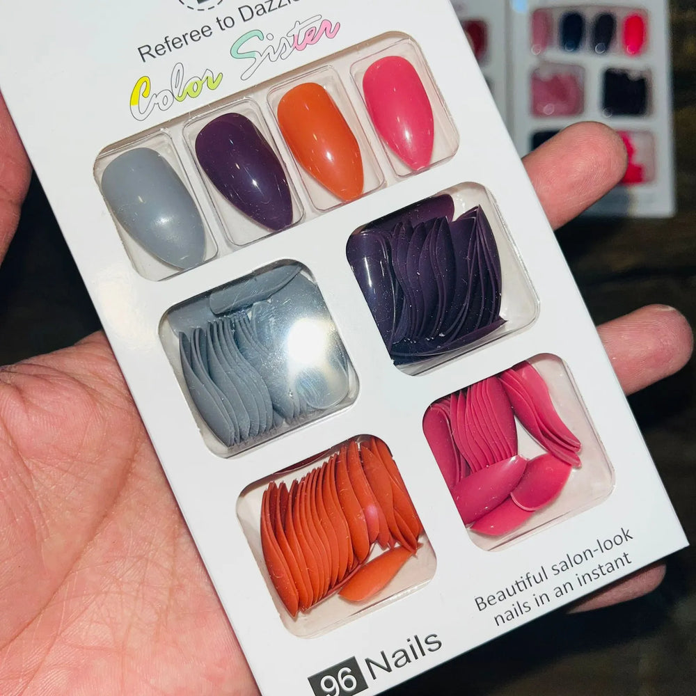 Color Sister Salon Look Artifical Nails With Free Stickers (96Pcs 4 Color Sister