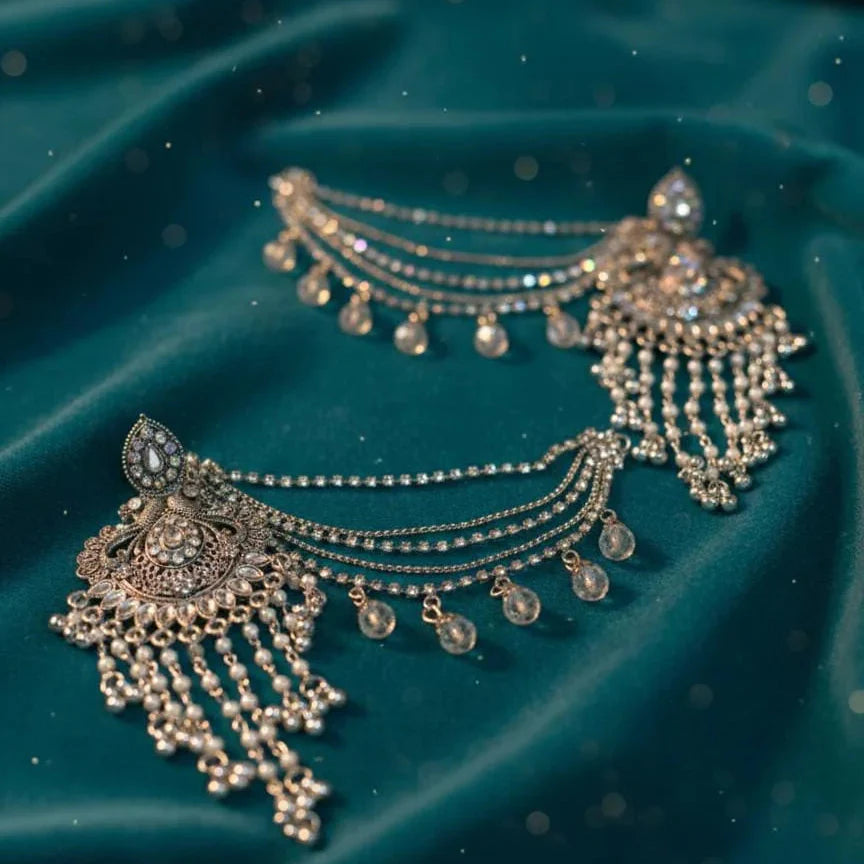 Silver Pearl Chandbali Earrings with Ear Chain Cosmia