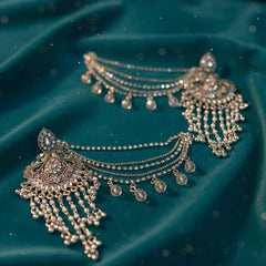 Silver Pearl Chandbali Earrings with Ear Chain Cosmia