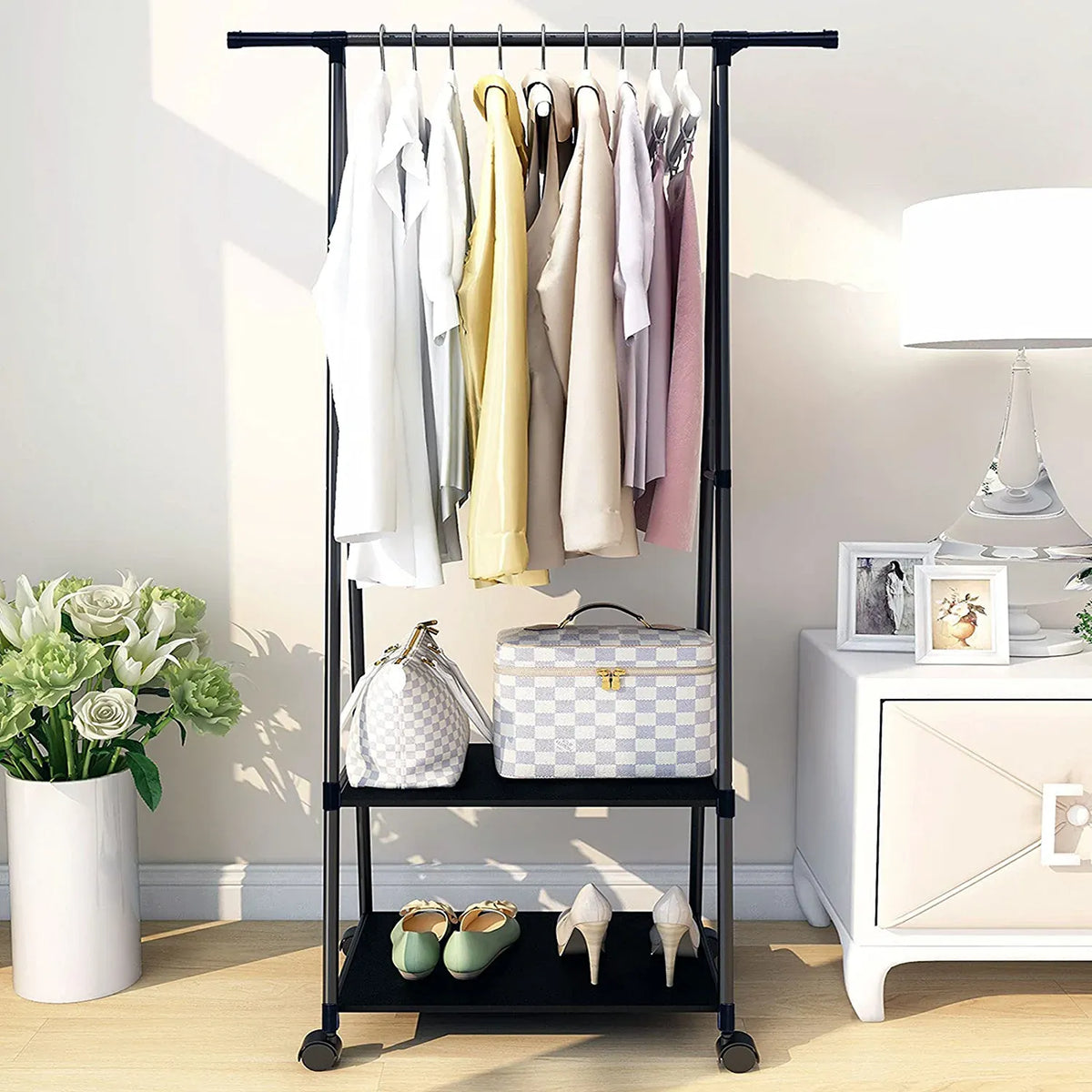 Clothes Rack Small Metal Garment Rack with Shelves and Rolling Wheels Cosmia.pk