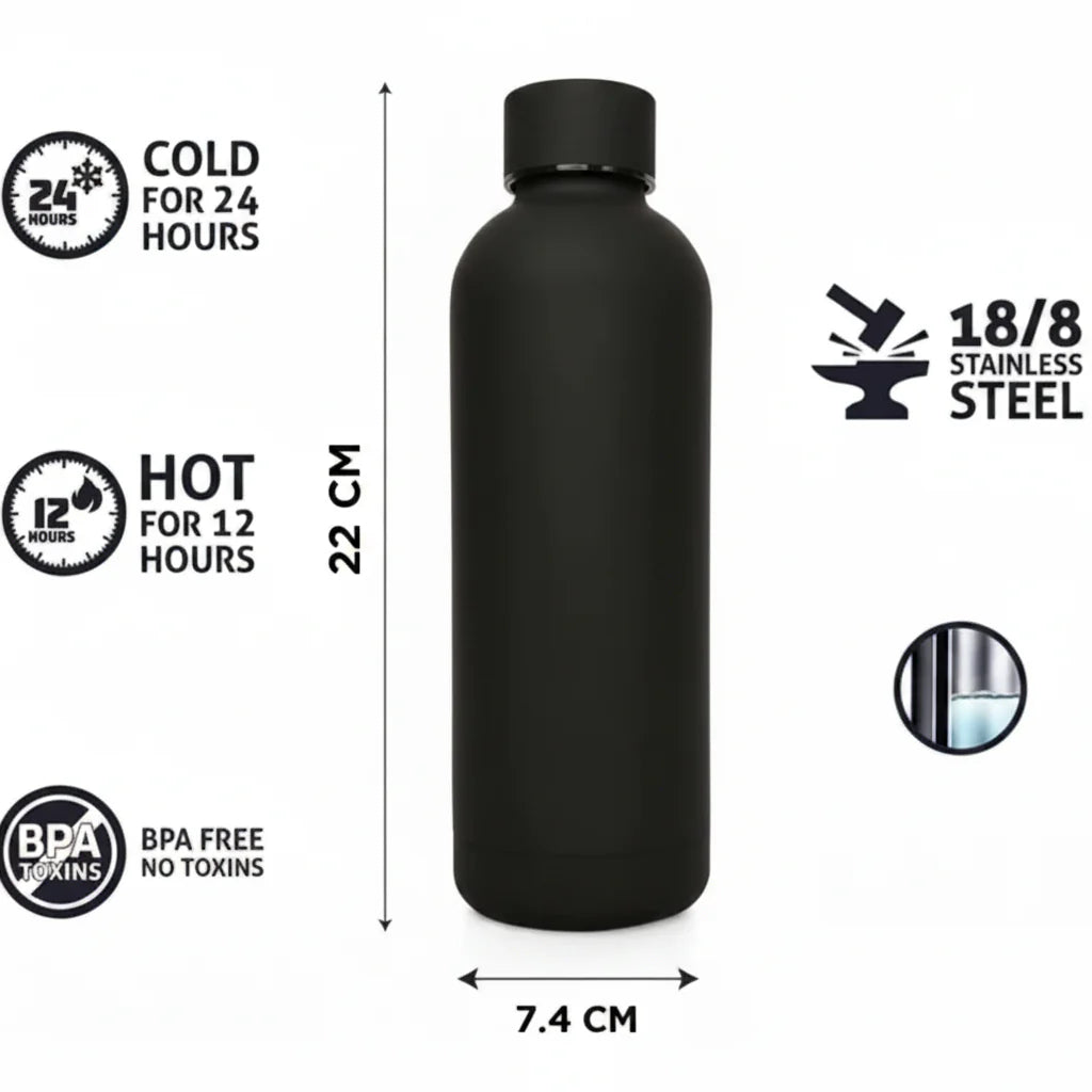 Generic Black Stainless Steel Vacuum Insulated Water Bottl - 500ml Cosmia.pk
