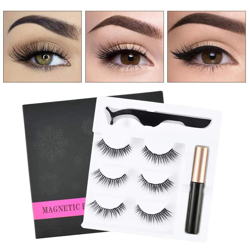 3 Pairs Magnetic Eyelash With Magnetic Liquid Eyeliner & Tweezer Cosmia.pk