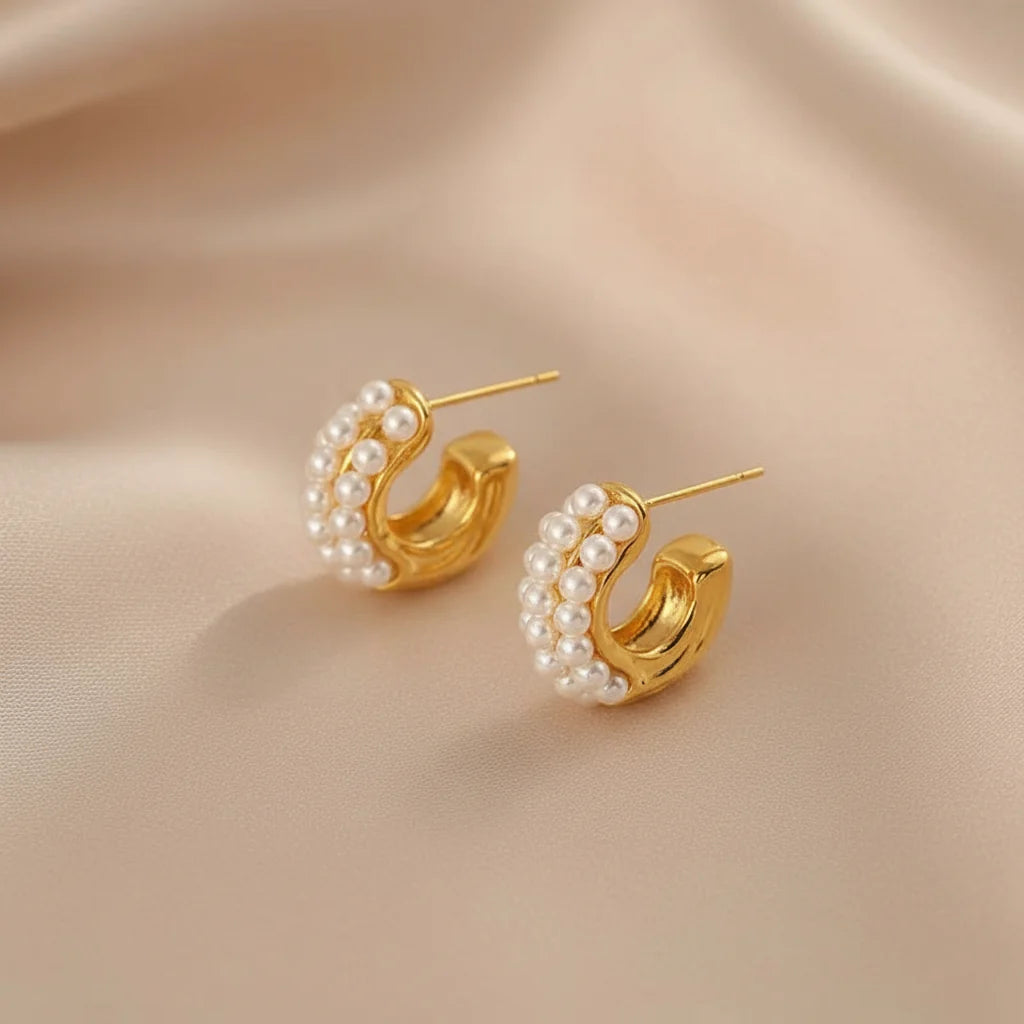 Mini Pearl Hoops Earrings Golden & Silver - Each Cosmia.pk