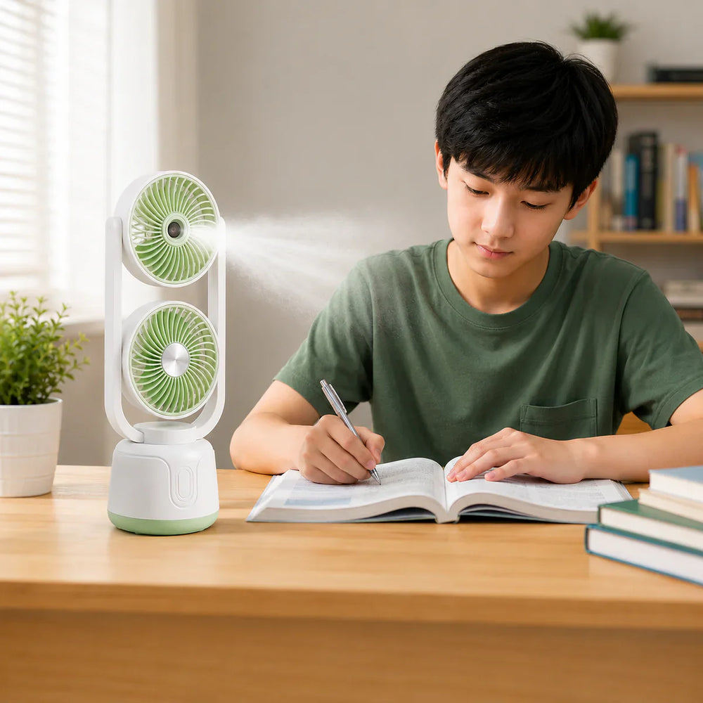 Rechargeable Dual Head Cooling Mist Fan, Children's Student Fan Cosmia.pk