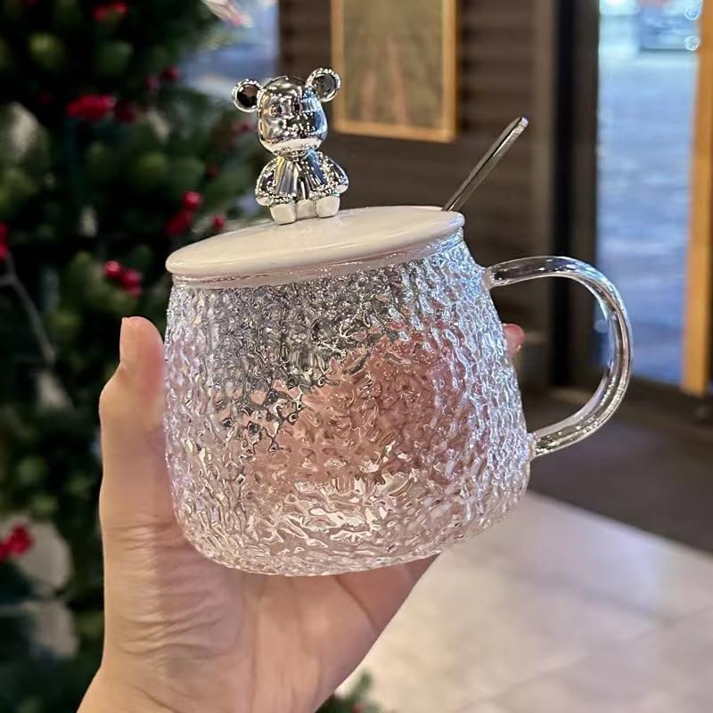 Cute Glass Mug With Spoon And Cartoon Bear Silicone Lid Cosmia.pk