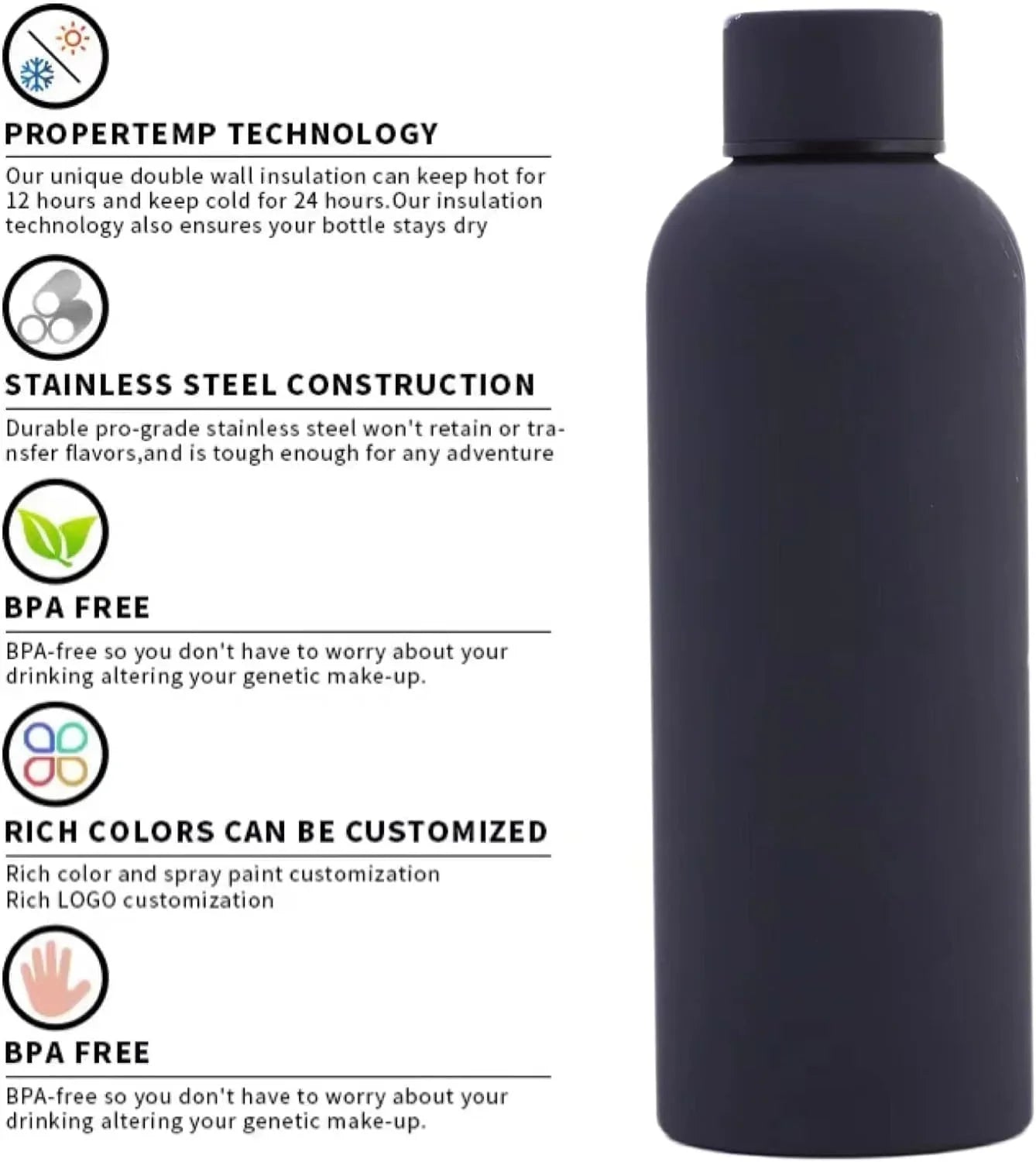 Generic Black Stainless Steel Vacuum Insulated Water Bottl - 500ml Cosmia.pk