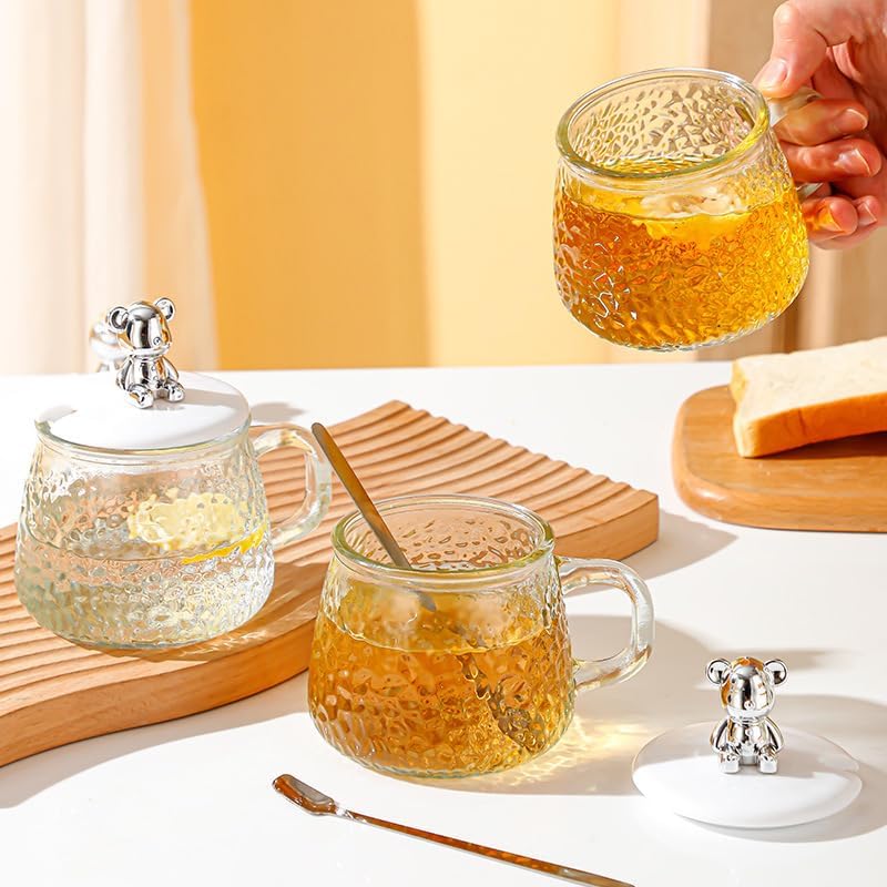 Cute Glass Mug With Spoon And Cartoon Bear Silicone Lid Cosmia.pk