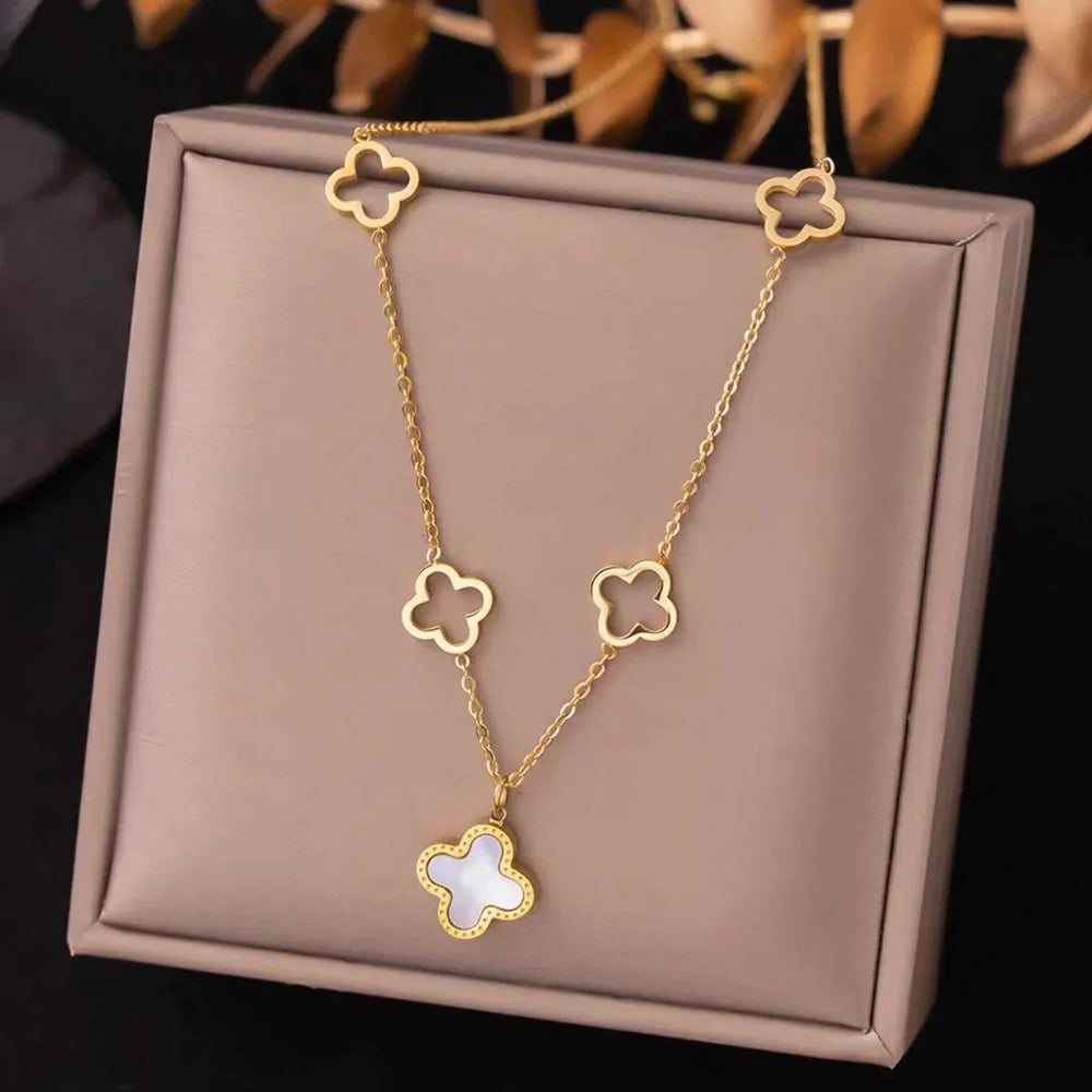 Gold-Plated Stainless Steel Four-Leaf Clover Necklace With Shell Pendant Cosmia