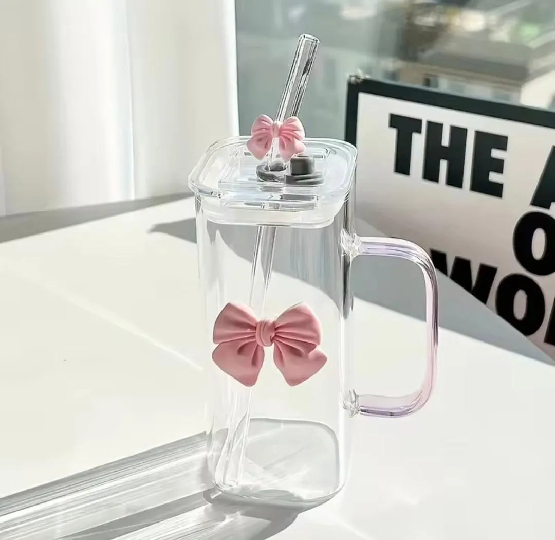 Square Glass Tumbler with Double Bows & Straw – Elegant Drinkware Cosmia.pk