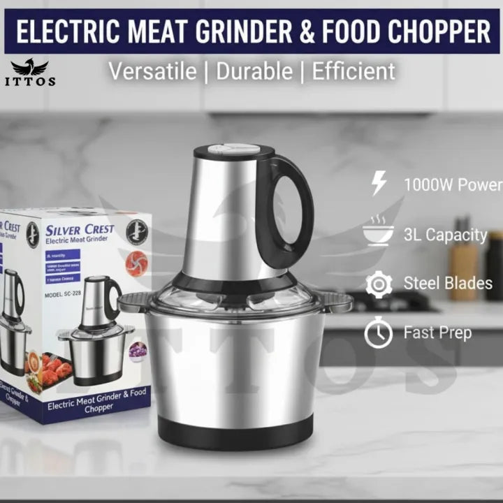 Silver Crest Stainless Steel Meat Chopper Machine Electric 4Blades Silver Crest