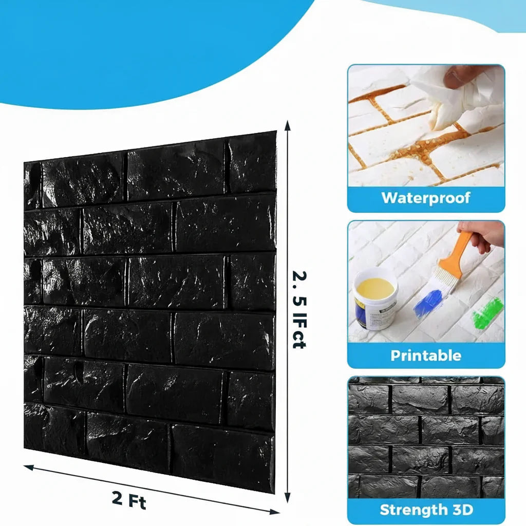 Black Brick Printable 3D Wallpaper Stick and Peel - Each Cosmia.pk