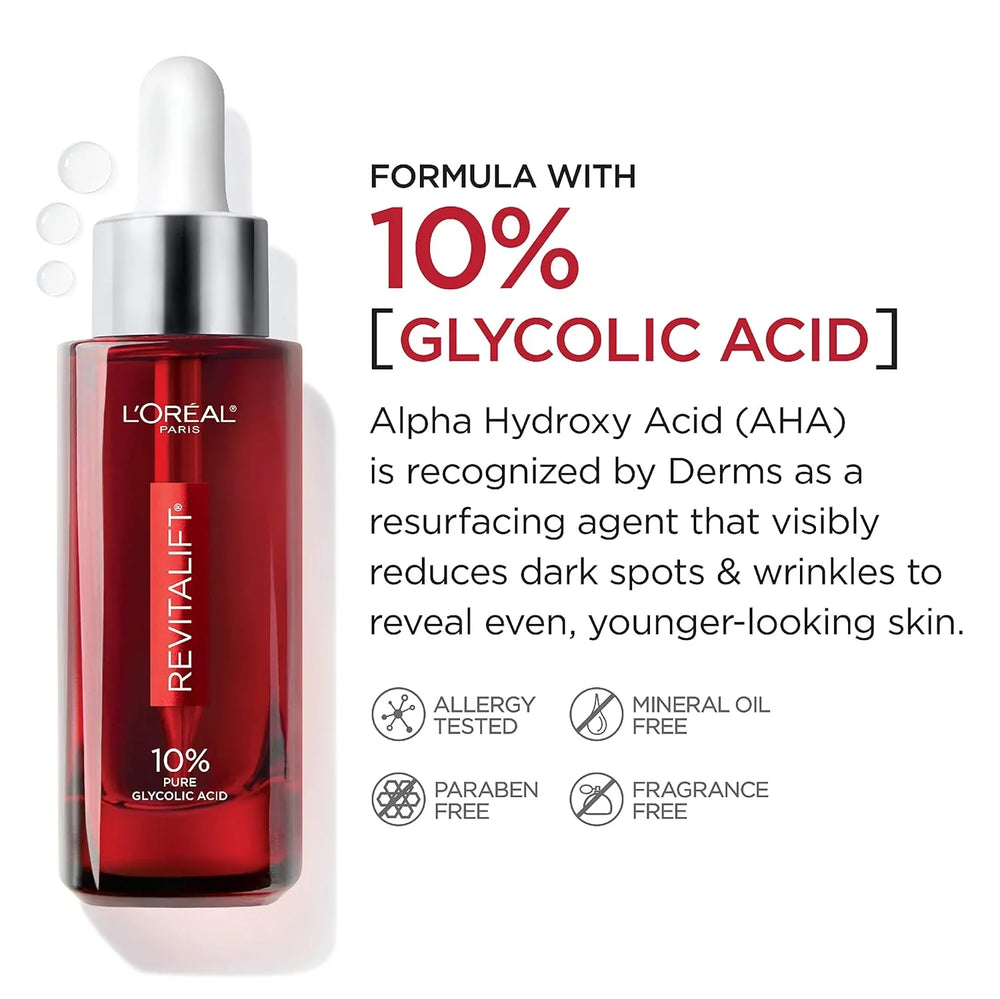 L'Oreal Paris Revitalift 10% Pure Glycolic Acid Face Serum, Visibly Evens Tone & Reduce Wrinkles, Fragrance Free 1.0 fl oz (30ml) Loreal Paris