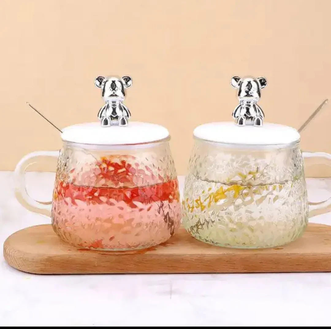 Cute Glass Mug With Spoon And Cartoon Bear Silicone Lid Cosmia.pk