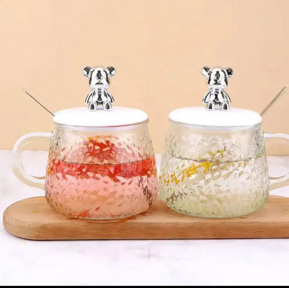 Cute Glass Mug With Spoon And Cartoon Bear Silicone Lid Cosmia.pk