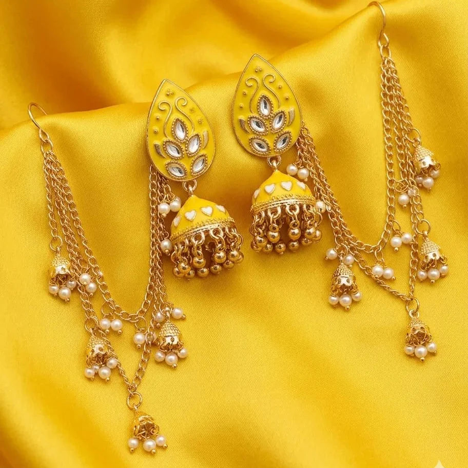 Jhumka earrings with Kundan stones and Sahary Cosmia.pk