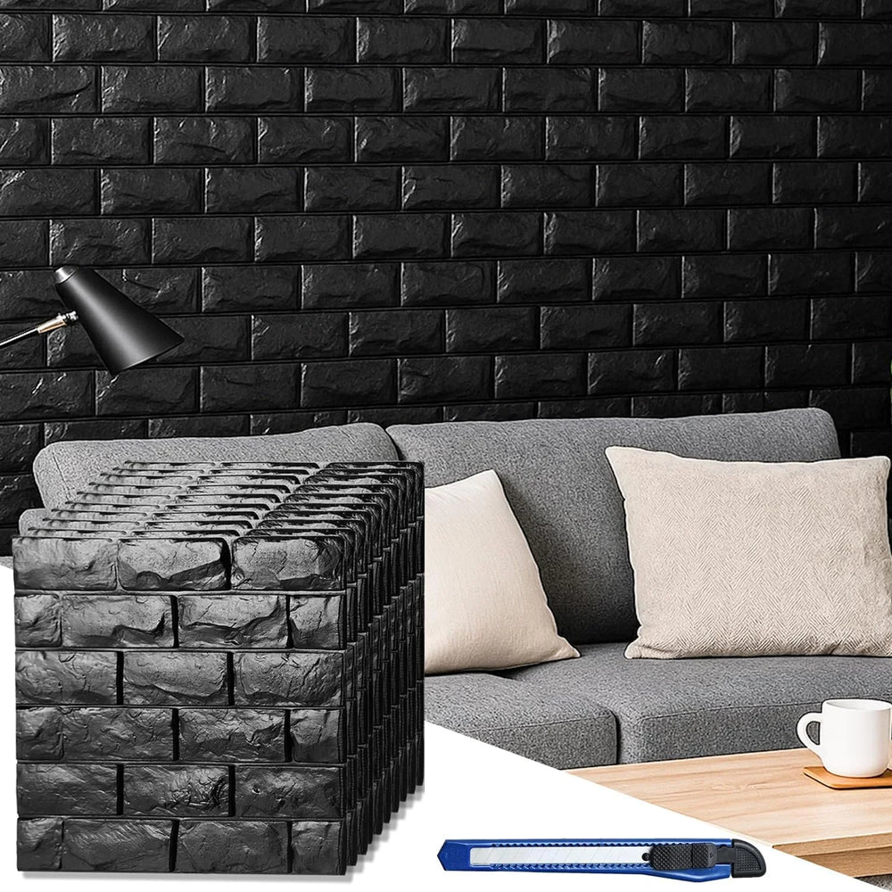 Black Brick Printable 3D Wallpaper Stick and Peel - Each Cosmia.pk