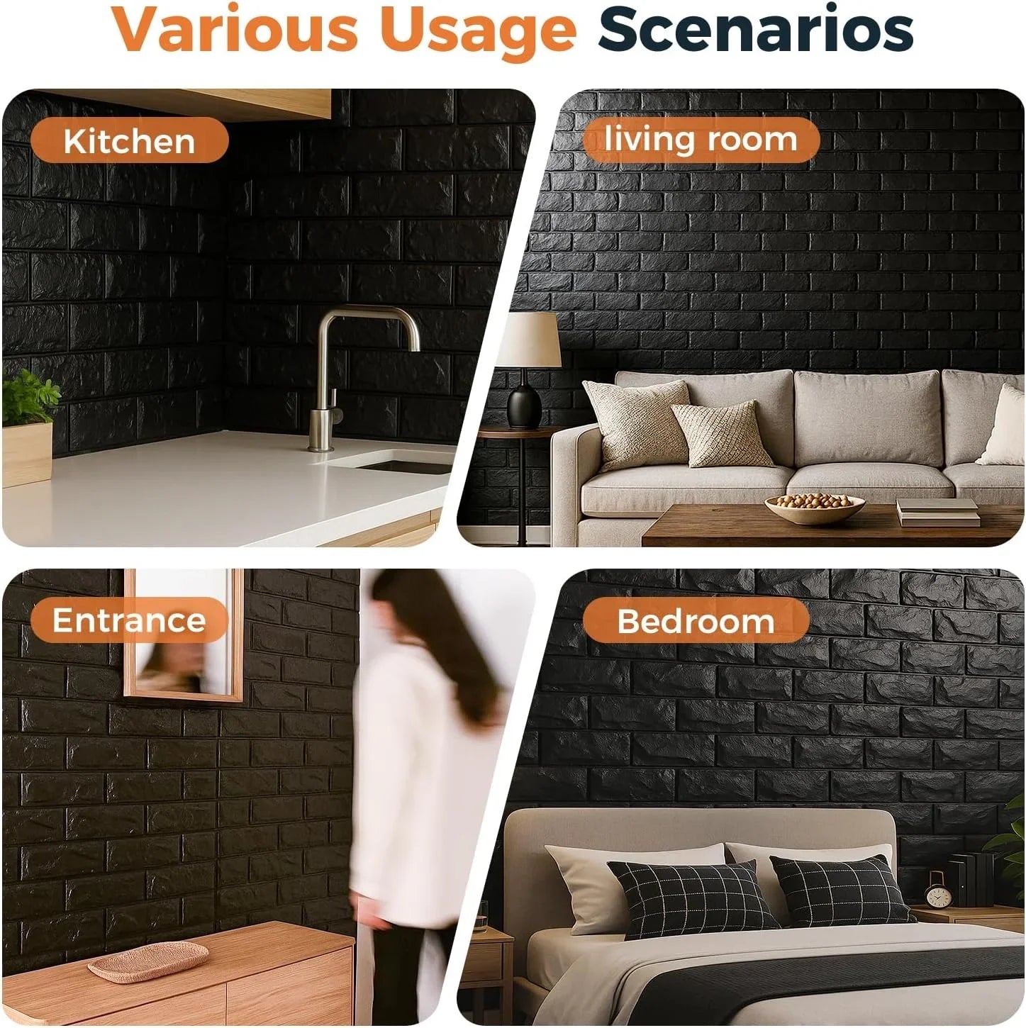 Black Brick Printable 3D Wallpaper Stick and Peel - Each Cosmia.pk