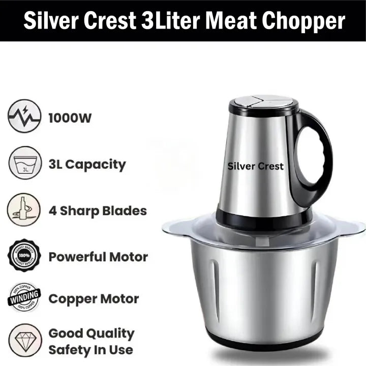 Silver Crest Stainless Steel Meat Chopper Machine Electric 4Blades Silver Crest