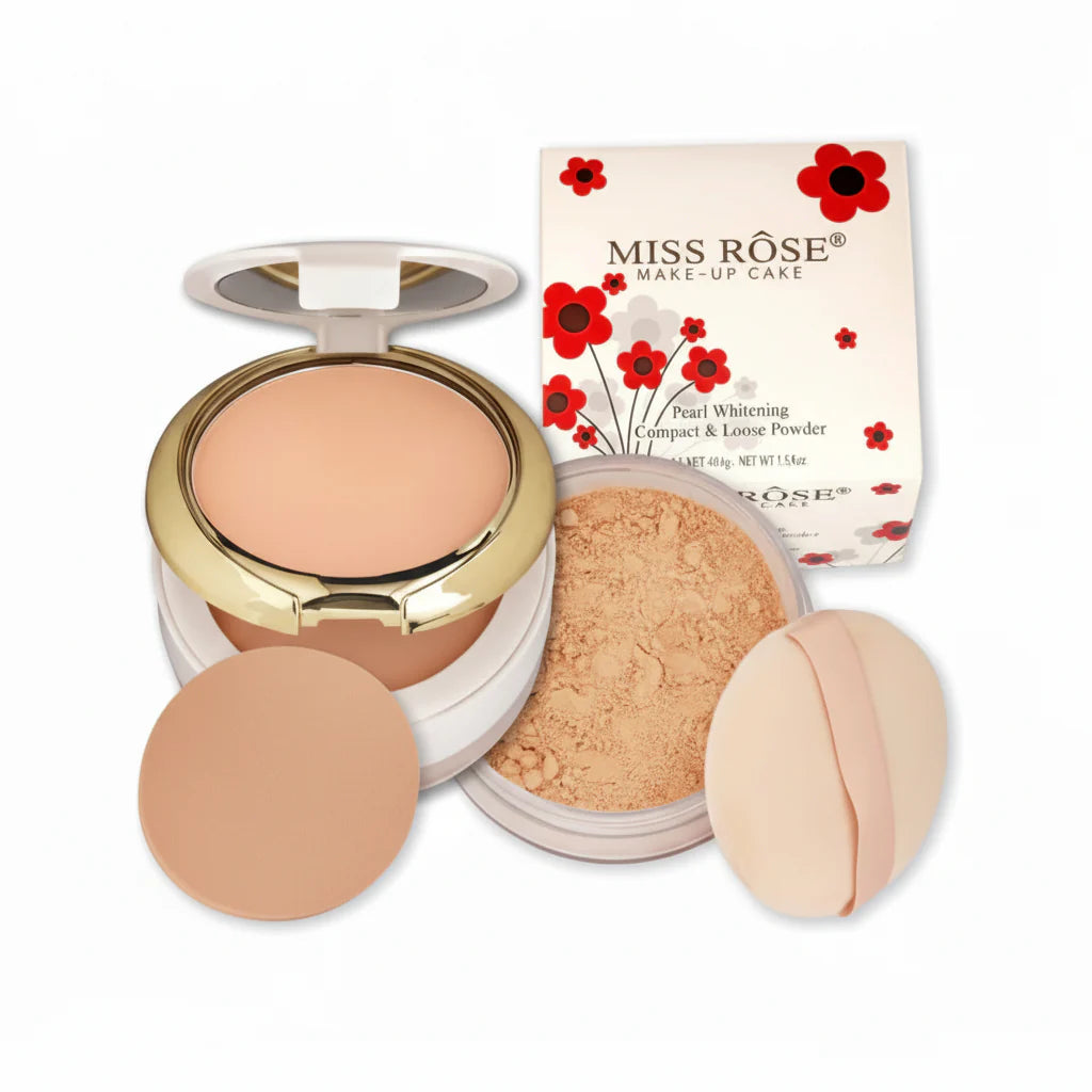 MISS ROSE (3 in 1) Professional 3D Pearl Whitening Compact & Loose Powder - 45g Miss Rose