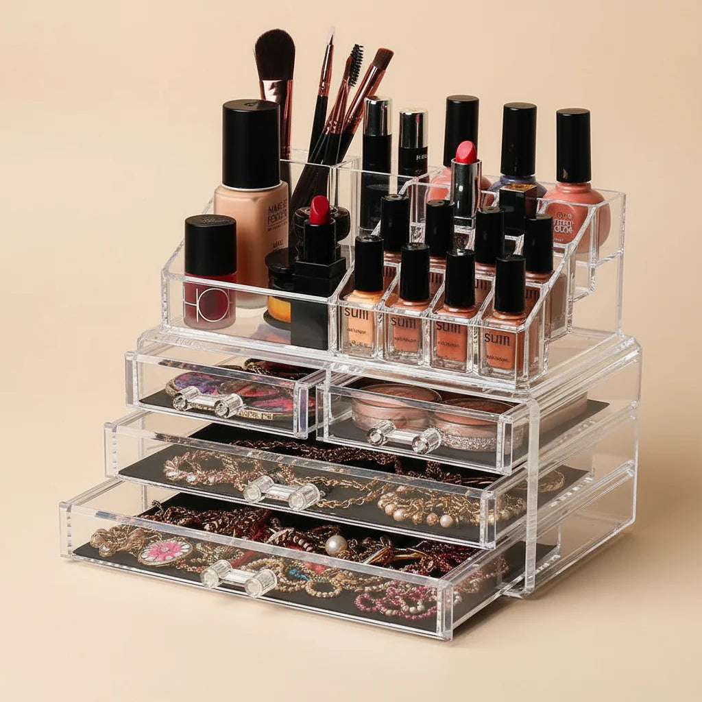 Acrylic Makeup Organizer Drawers Stand, Brush and Jewellery Storage Cosmia.pk