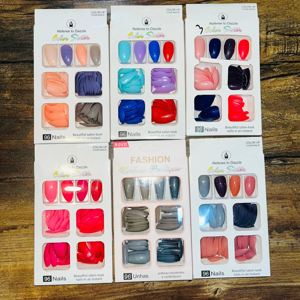 Color Sister Salon Look Artifical Nails With Free Stickers (96Pcs 4 Color Sister