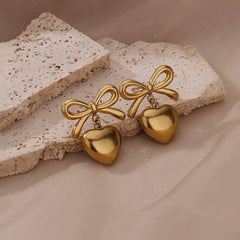 Stainless Steel Bow and Heart Drop Earrings Cosmia.pk