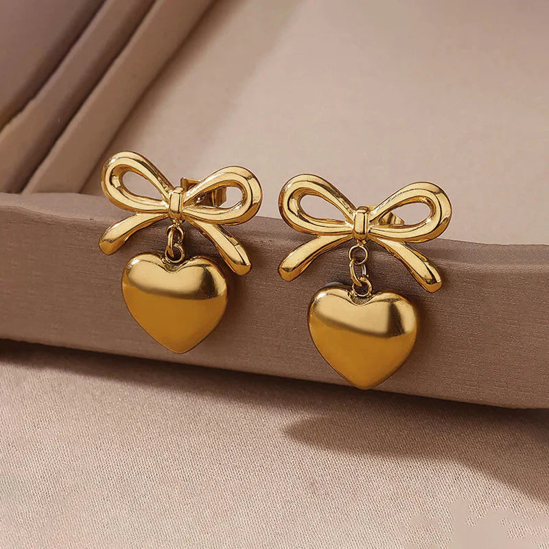 Stainless Steel Bow and Heart Drop Earrings Cosmia.pk