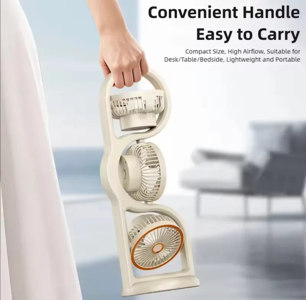360° Circulation Three Head Table Fan - Rechargeable 5 Speed Wind Cosmia.pk