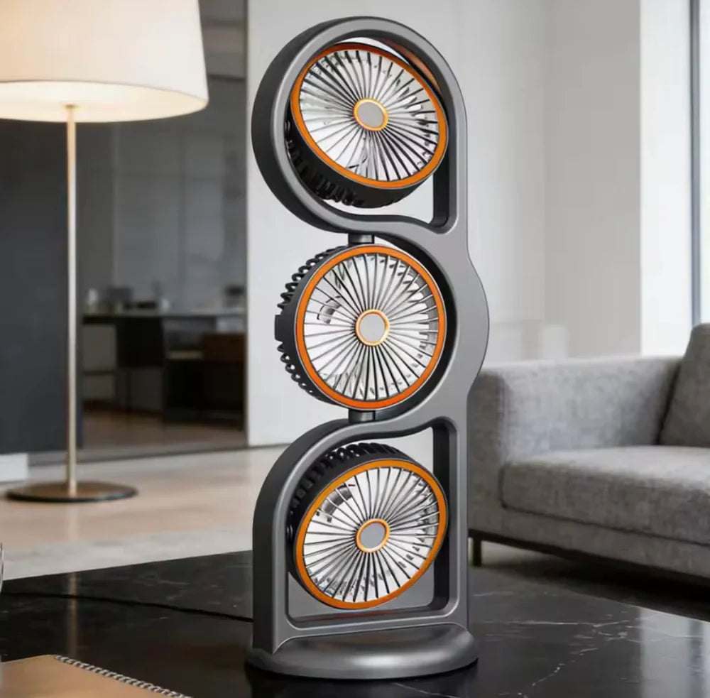 360° Circulation Three Head Table Fan - Rechargeable 5 Speed Wind Cosmia.pk