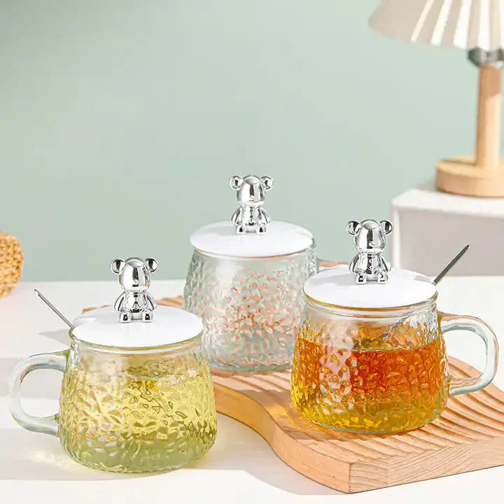 Cute Glass Mug With Spoon And Cartoon Bear Silicone Lid Cosmia.pk